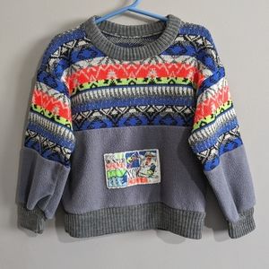 Vintage Toddler boys Crew neck sweater Neon pattern with skiing patch